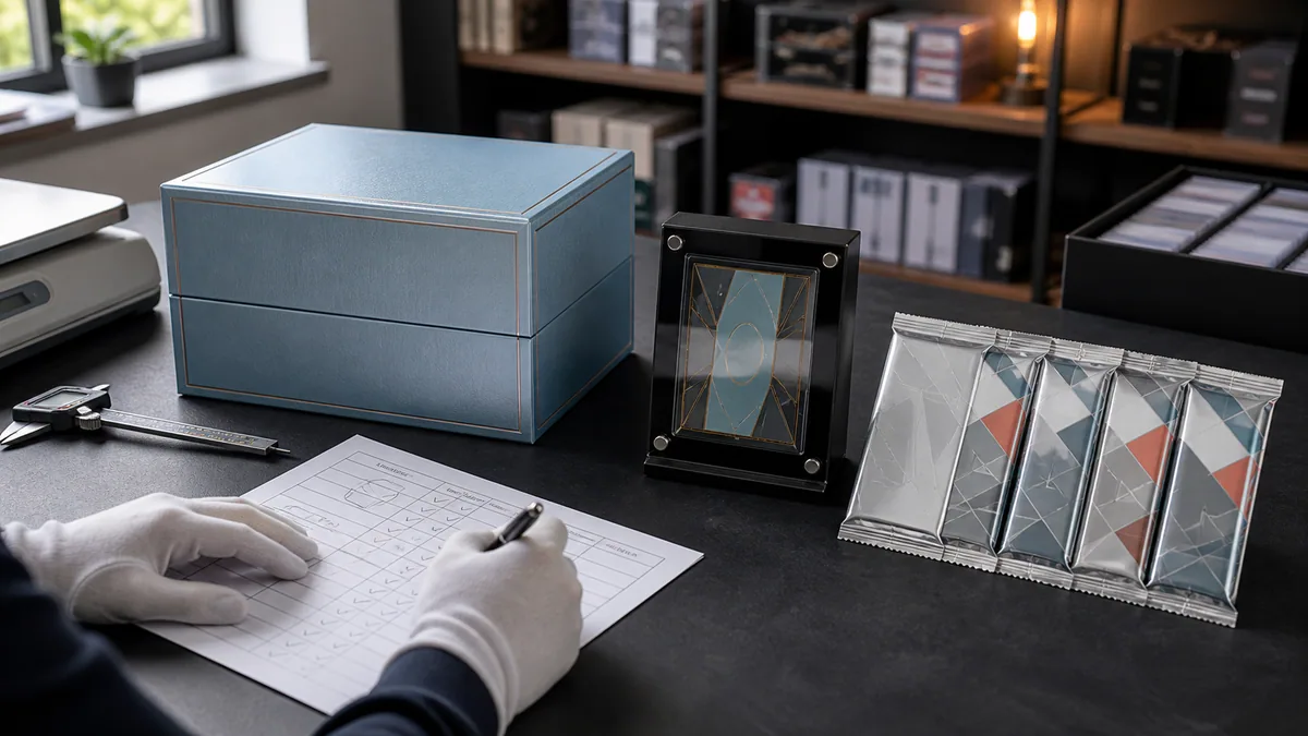 Buyer comparing generic trading card gift box, display set, and booster pack formats on an inventory desk