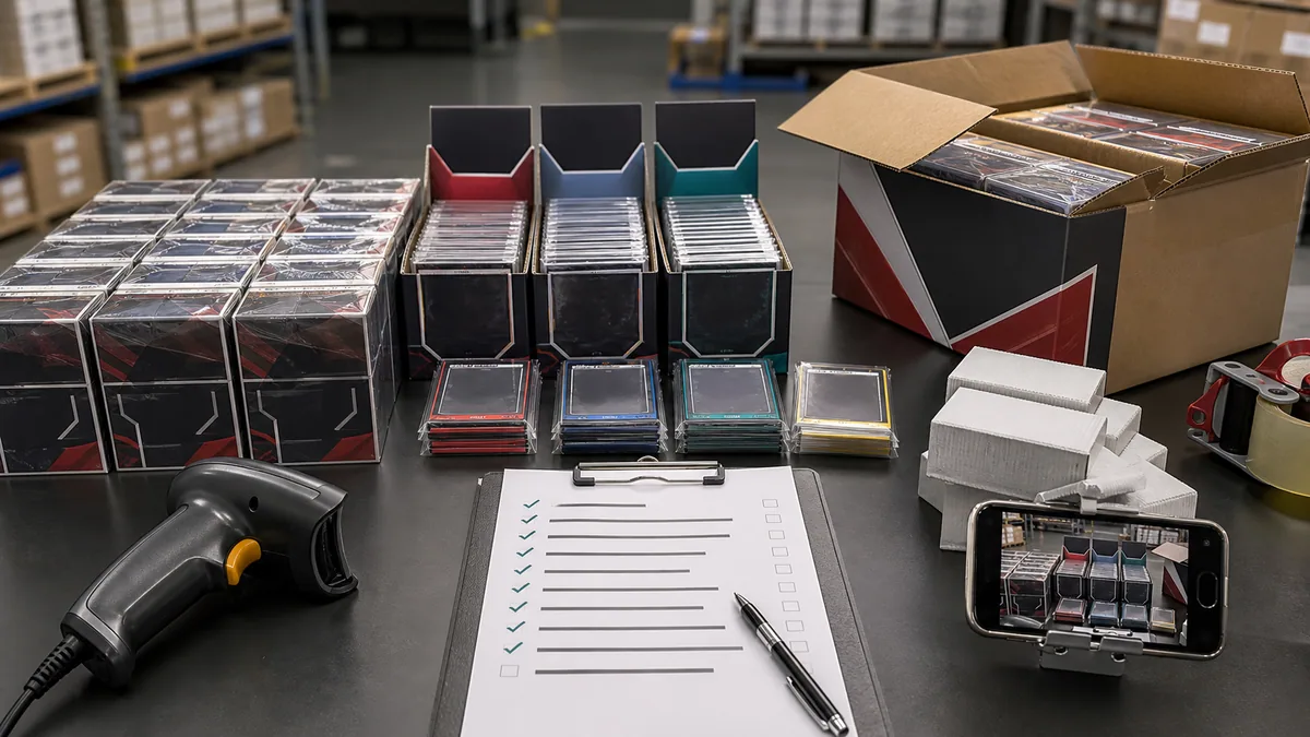 Trading card stock arranged for a photographed warehouse quantity and condition check