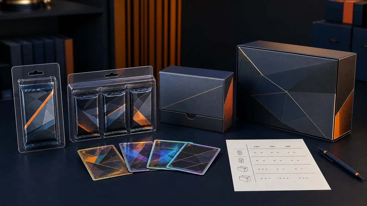 Four generic sealed trading card product formats arranged by size on an inventory planning desk
