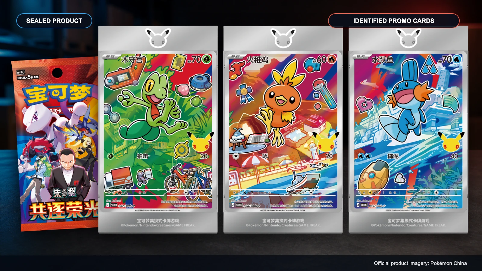 Official Pokémon China booster pack beside Treecko, Torchic, and Mudkip promo cards in display frames