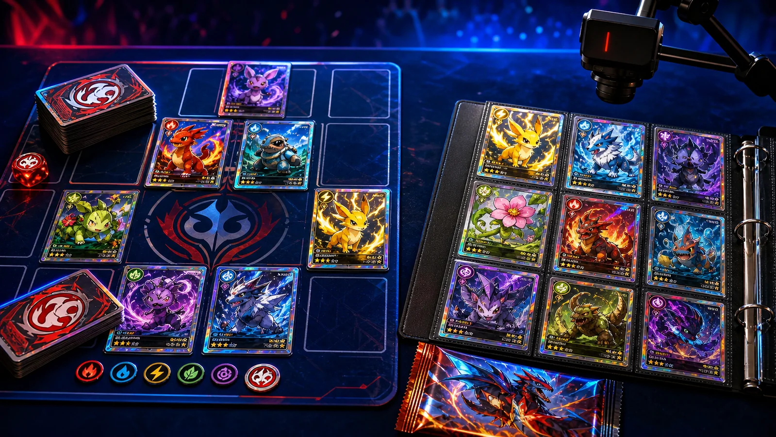 Creature trading cards arranged for tournament play beside a collector binder and livestream camera