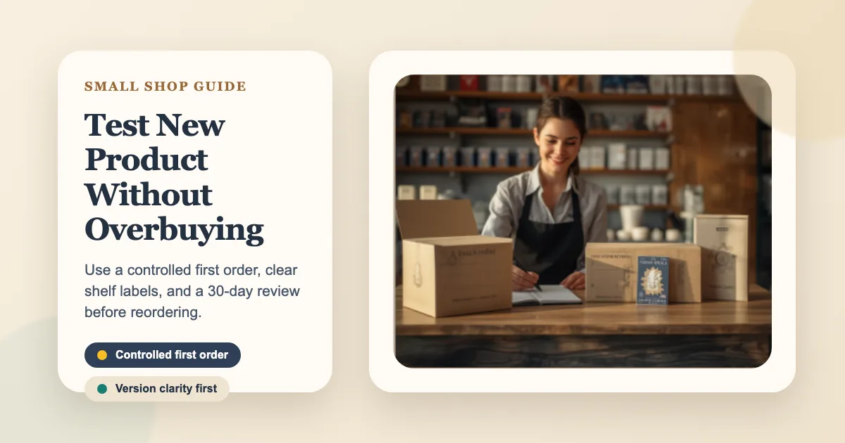 Small card shop owner reviewing a small test order of generic trading card products behind a store counter