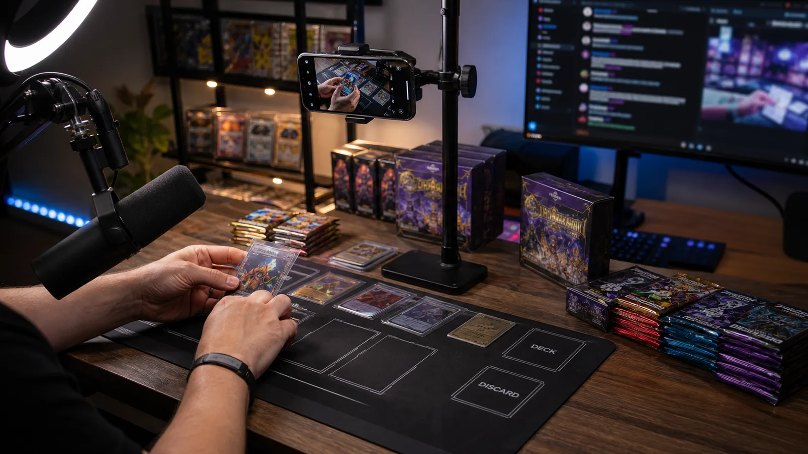 Pokémon TCG livestream setup with phone mount ring light and card packs