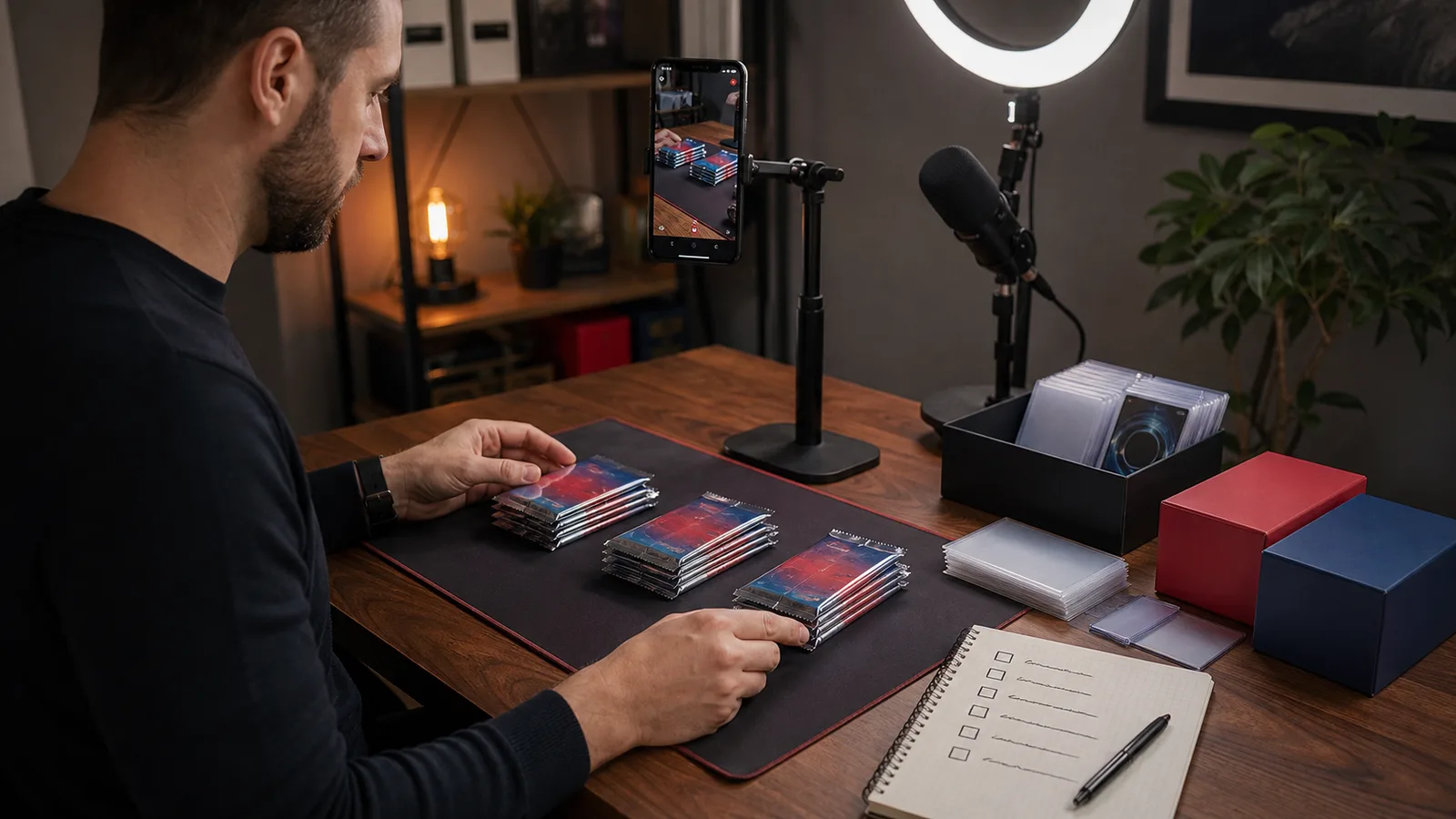 Trading card streamer sorting small product test groups before a live show