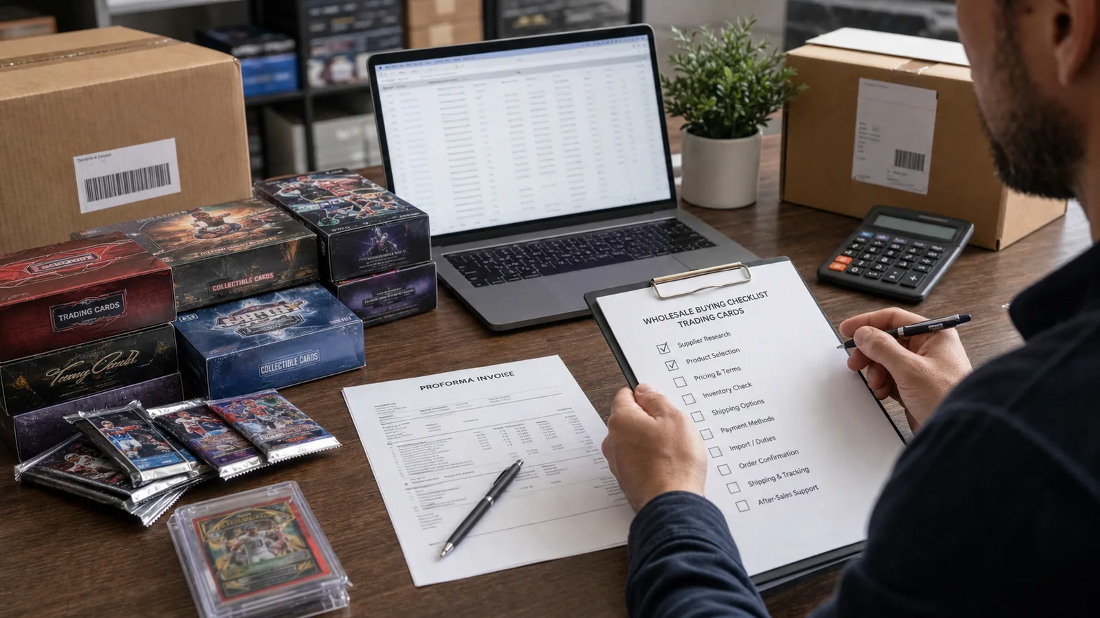 Pokémon TCG wholesale order process with invoice cartons and inventory list